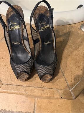 Christian Louboutin Black Mesh Peep-Toe Cork Platform Slingbacks